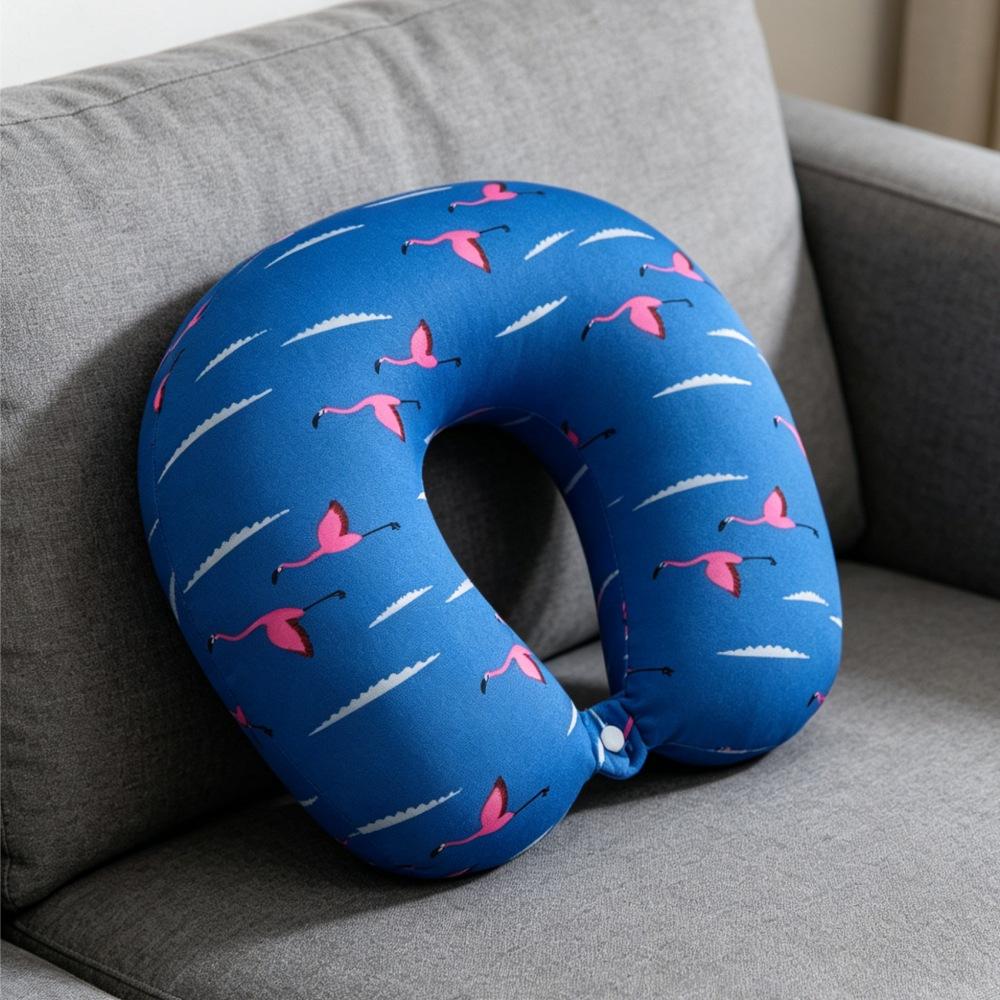 Flamingo Print Travel Neck Pillow, Soft Micro Bead U Shape Neck Support Pillow For Airplane Car Office Sleep