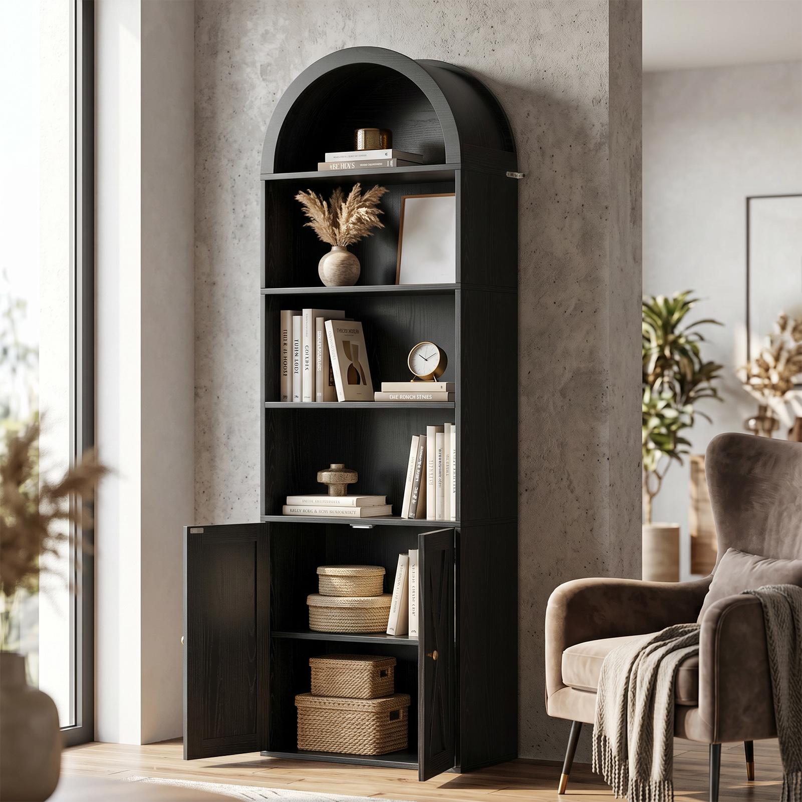 70 Inch Tall Arched Bookcase Black 6 Tier Freestanding Display Storage Cabinet With Double Doors For Living Room Kitchen Office