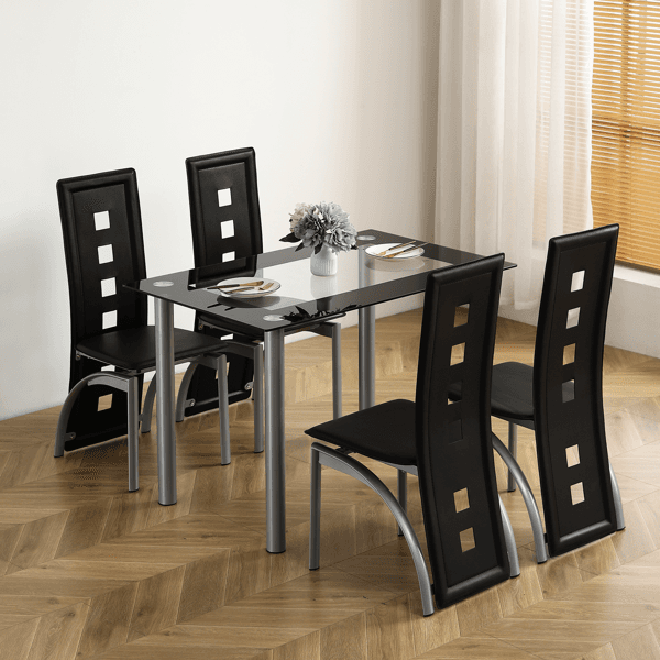 Ensemble Table à Manger en Verre Trempé et 4 Chaises - Noir et Argenté