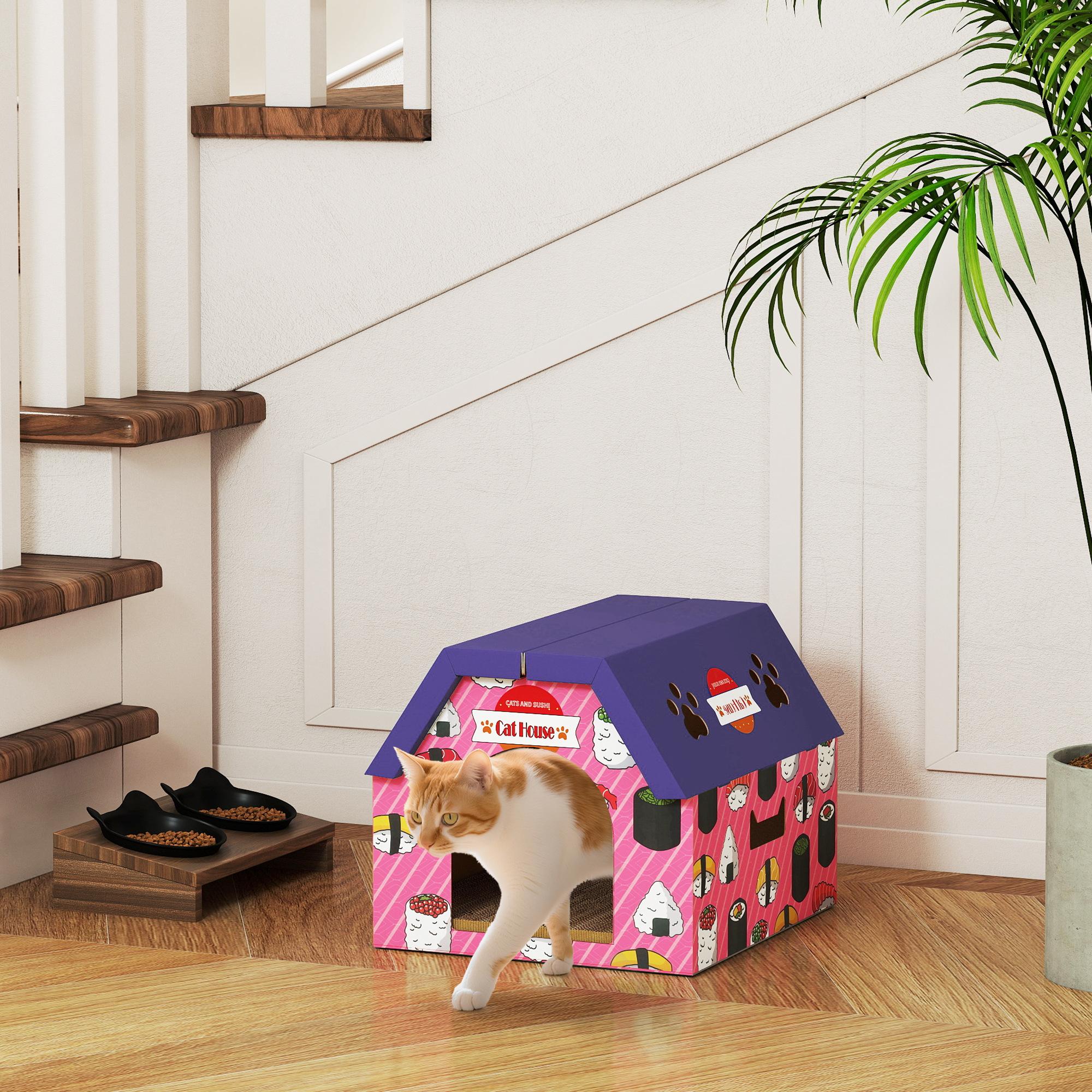 Maison de jeux en carton pour chat avec griffoir et cataire