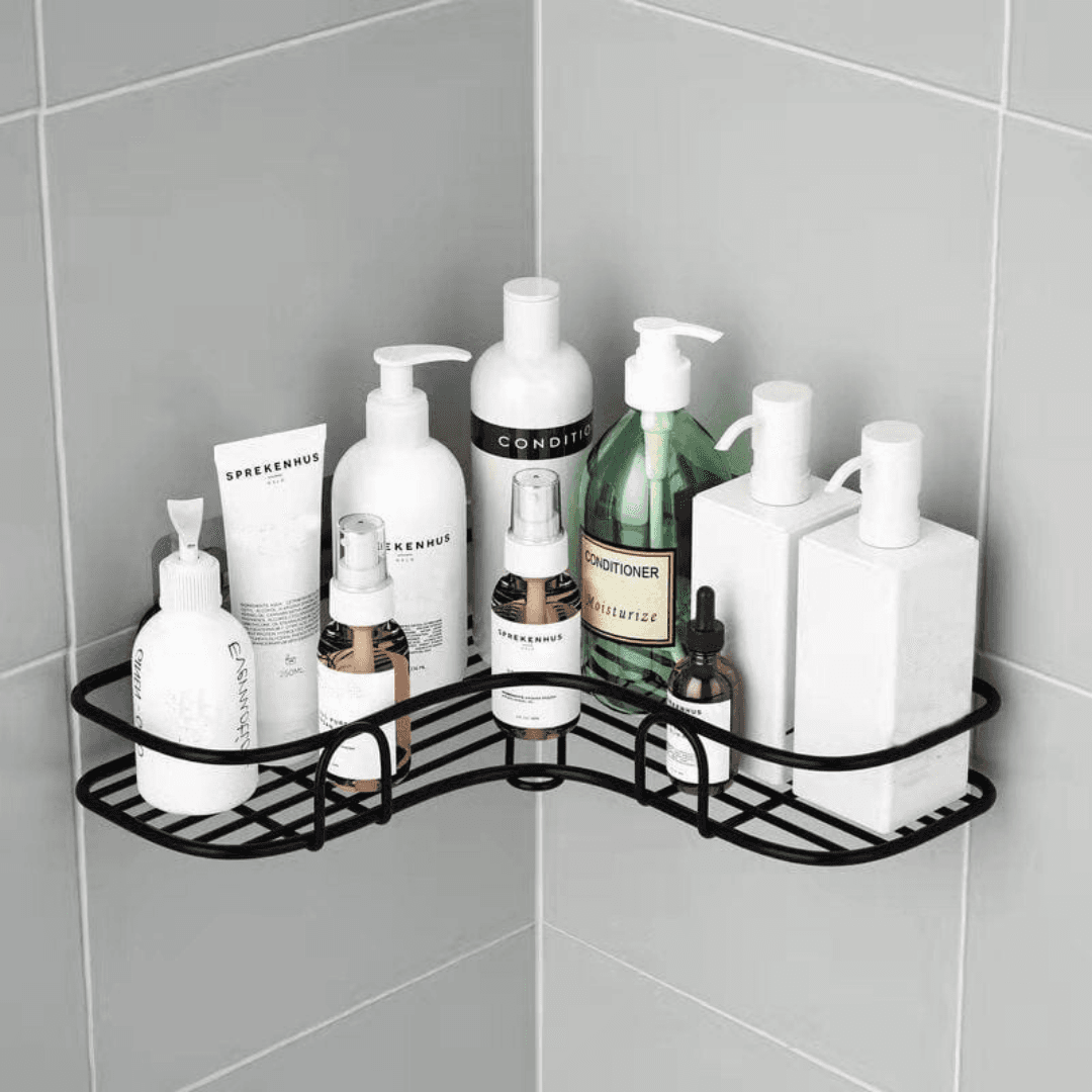 Shower Corner Shelf No Drilling, Bathroom Accessories 8 Adhesive Stickers, Kitchen Storage Black