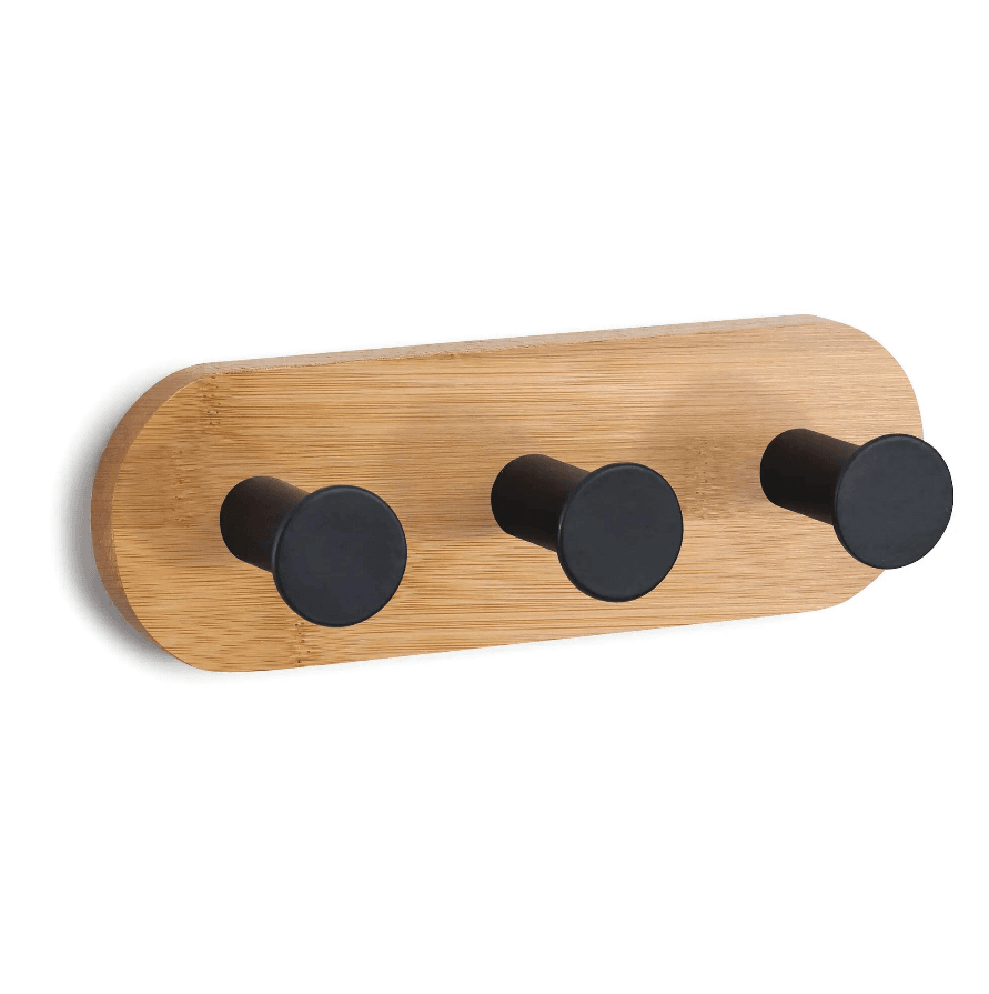 Wall Mounted Hook Rack, Bamboo Adhesive No-Drill Hook Rack With 3 Black Hooks, For Hallway & Bathroom