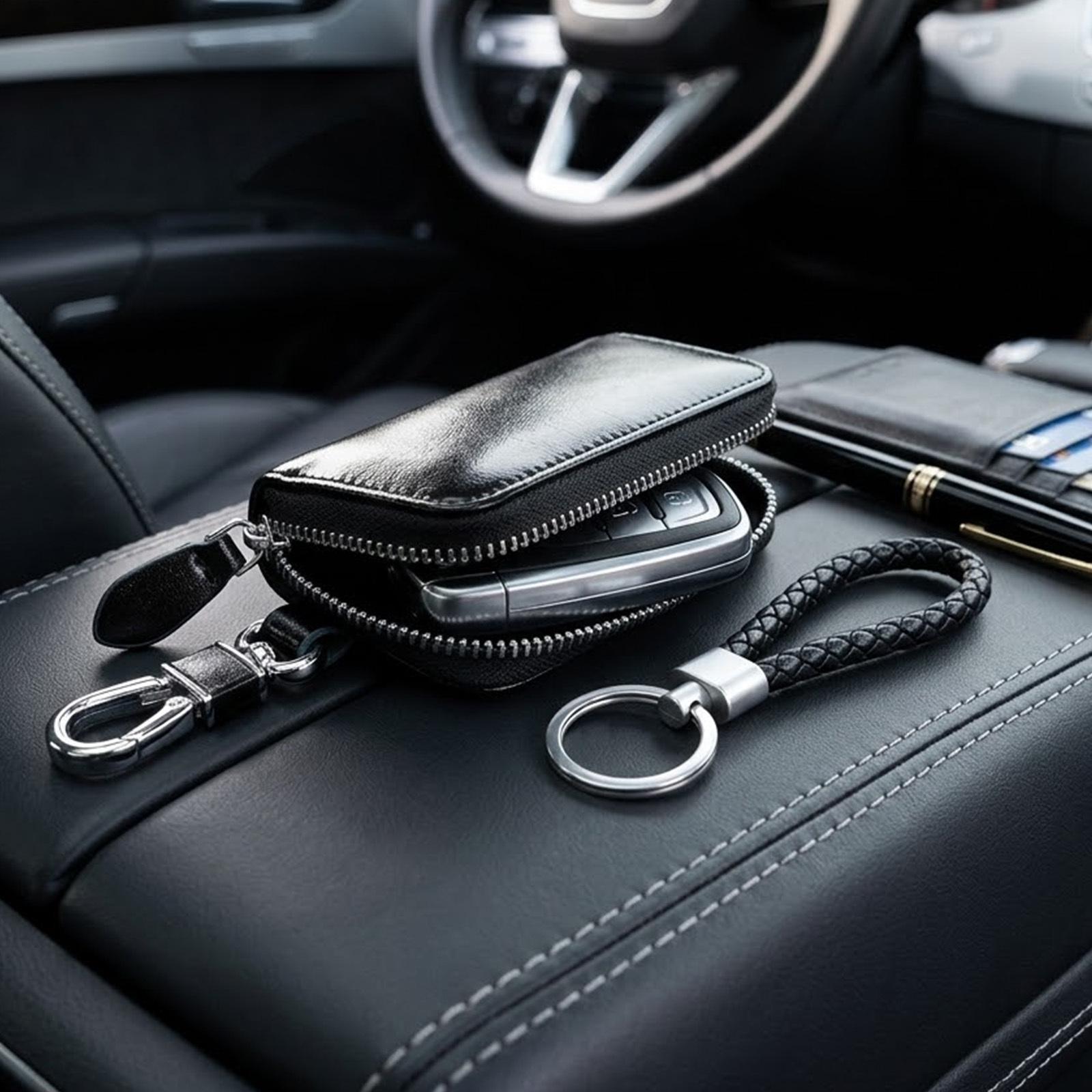 Pochette de clé en cuir noir avec fermeture éclair et anneaux