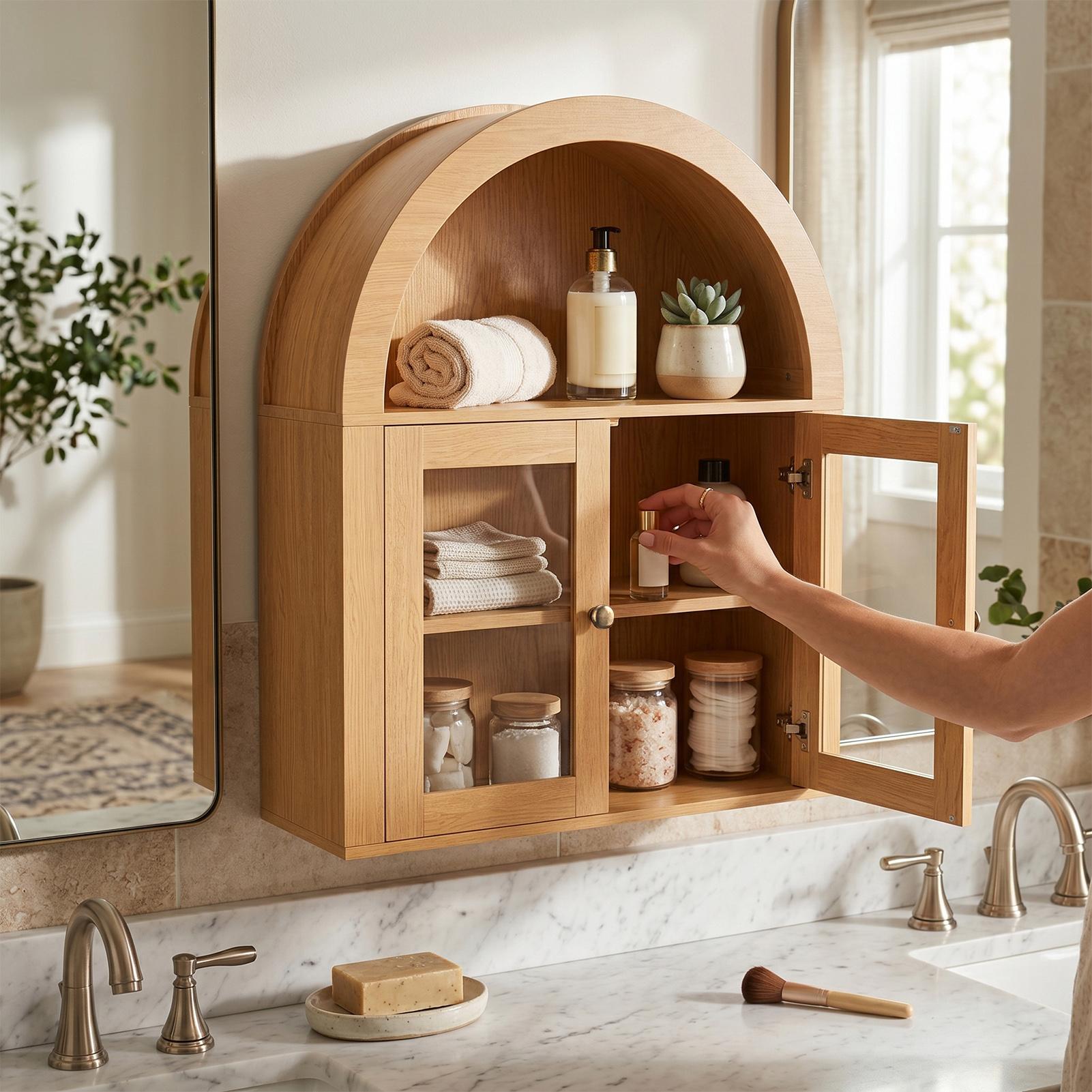 Armoire murale vintage en bois avec étagères réglables - Chêne