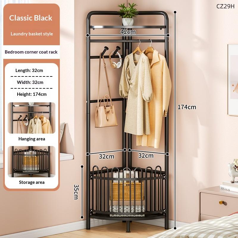 Portant d'Angle pour Chambre avec Panier à Linge - Design Noir Mat