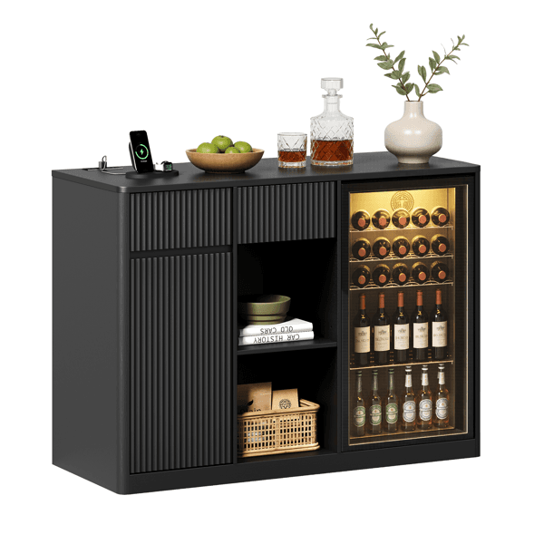 Meuble de Bar Moderne Cannelé avec Prises Intégrées - Noir