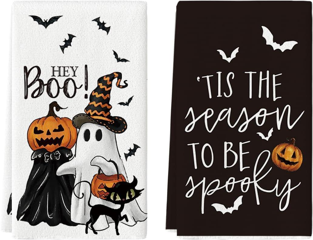 Set de 2 Torchons de Cuisine Halloween Chat Fantôme - 45x66 cm