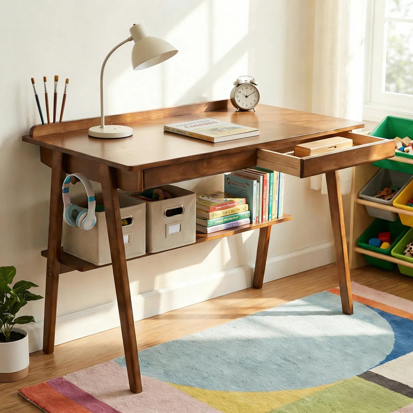 Bureau d'écriture en bois massif avec 2 tiroirs - Noyer