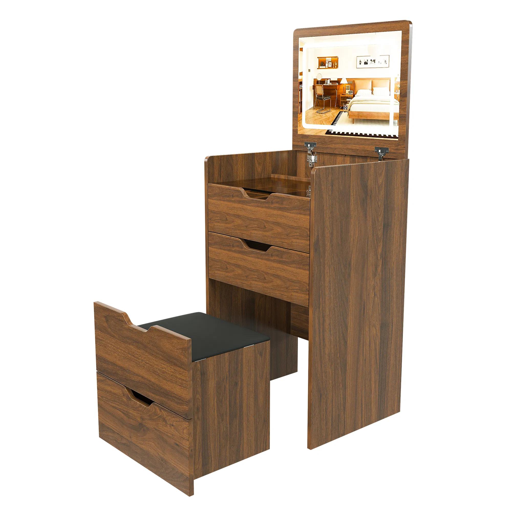 Coiffeuse 3-en-1 avec Miroir Lumineux et Tabouret - Noyer