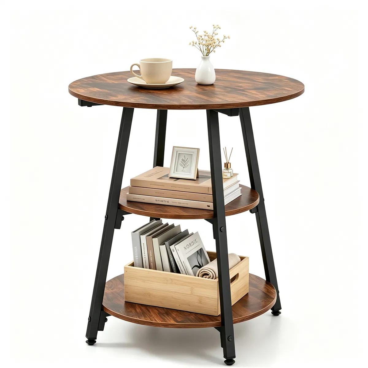 Table de chevet industrielle 3 niveaux, Marron rustique et noir