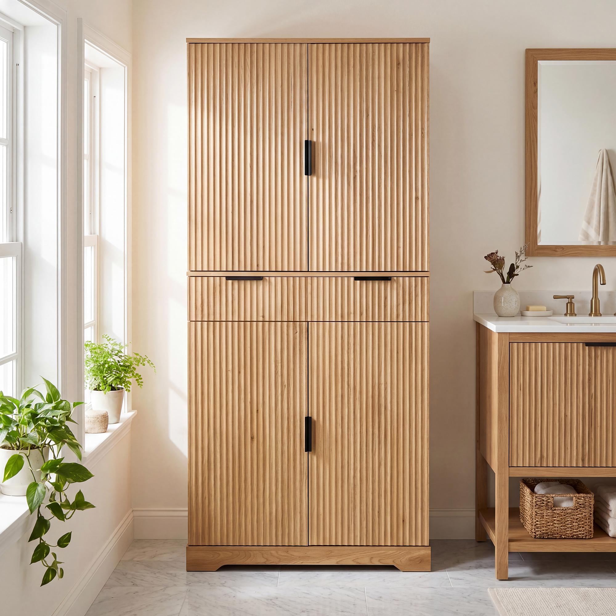 72" Fluted Kitchen Pantry Cabinet with 3 Keyboard Drawers & 6 Door Shelves Adjustable, Freestanding Cupboard Storage Cabinet for Bathroom, Diningroom, Office, Entryway, Oak