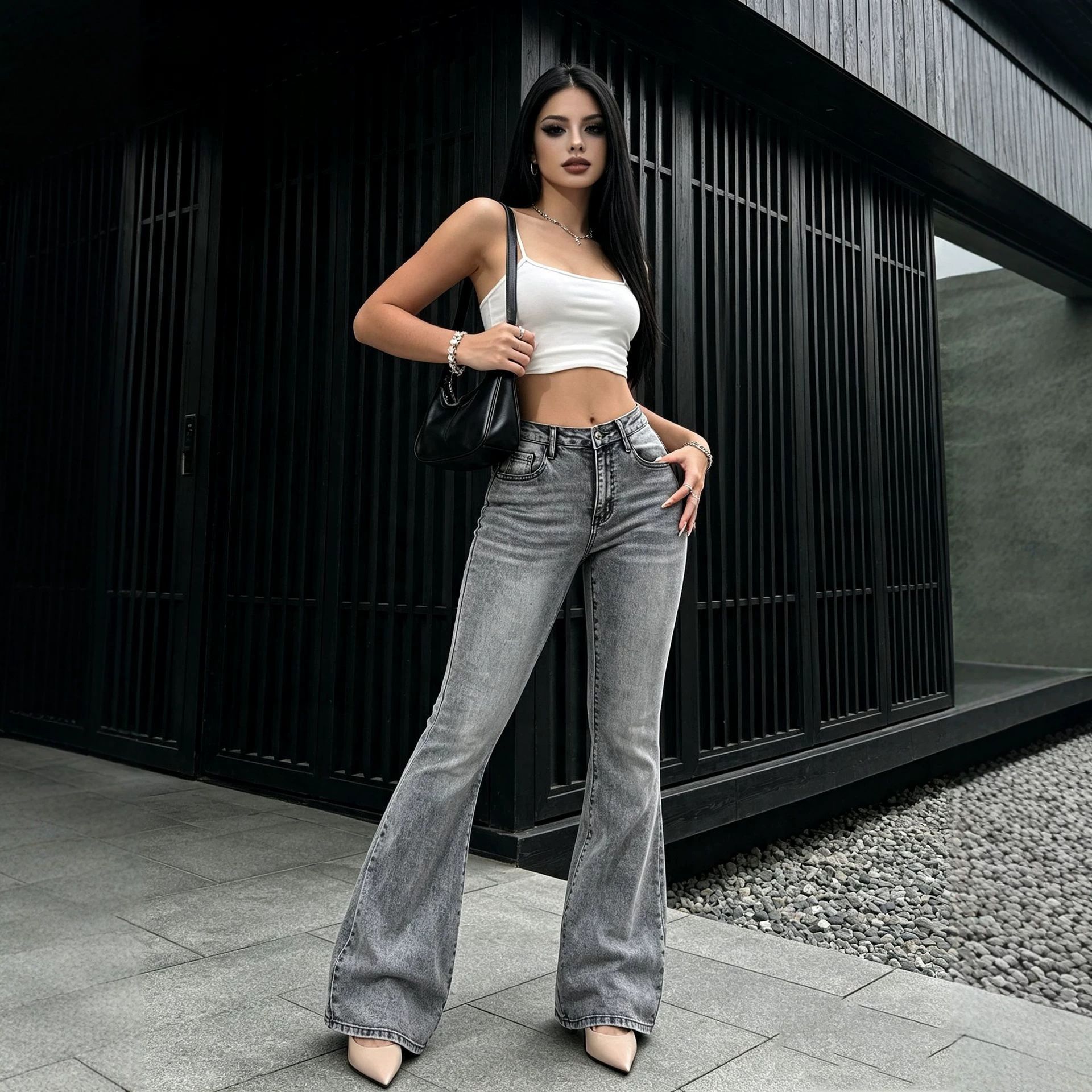 Jean bootcut taille mi-haute gris fumé style américain