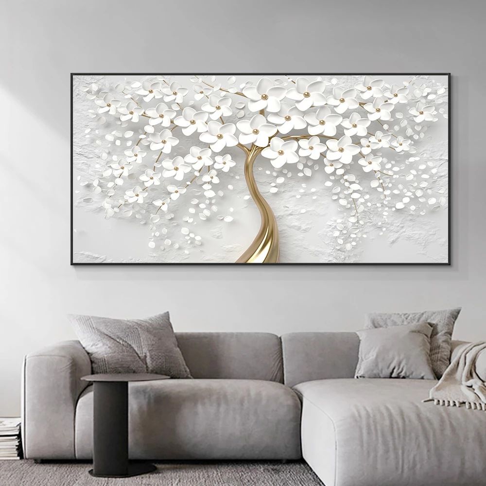 Tableau Peinture à l'Huile Fleurs Blanches sur Toile - Art Mural