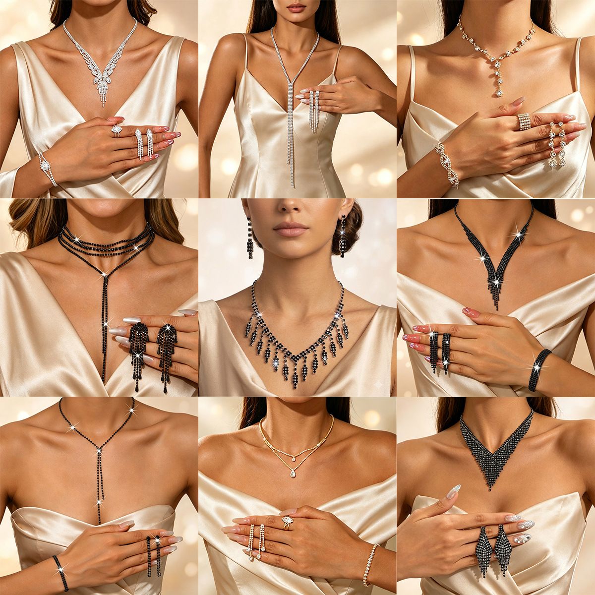 Parure de Bijoux de Mariage Collier et Boucles d'Oreilles en Métal et Strass