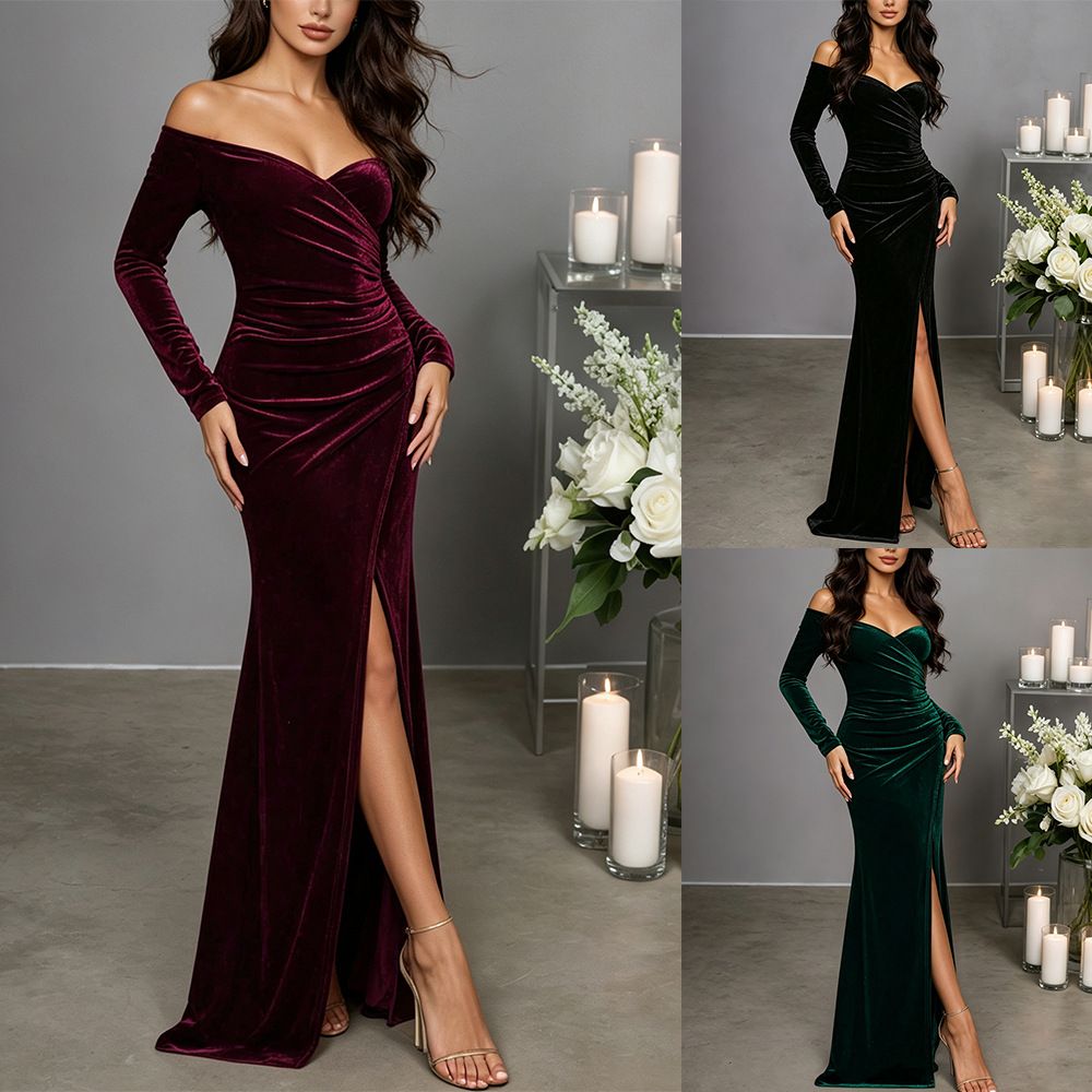 Robe de Soirée Longue Moulante à Manches Longues et Fente Haute