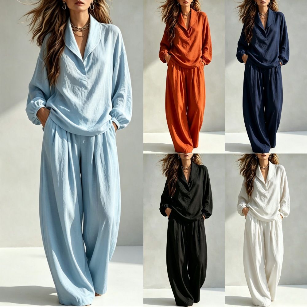 Two-piece Set Chic Lapel-collar Long-sleeve Top Relaxed Fit
