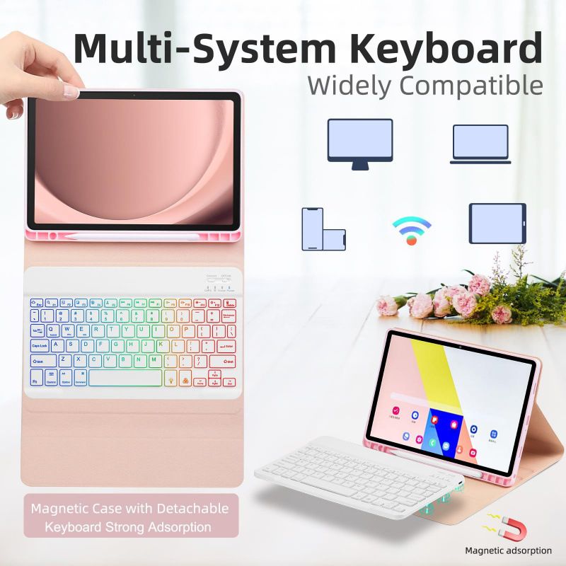 Magnetic Bluetooth Keyboard Case for Samsung Galaxy Tab A9 Plus - Detachable Backlit Tri-Color Protective Cover with Stand Function