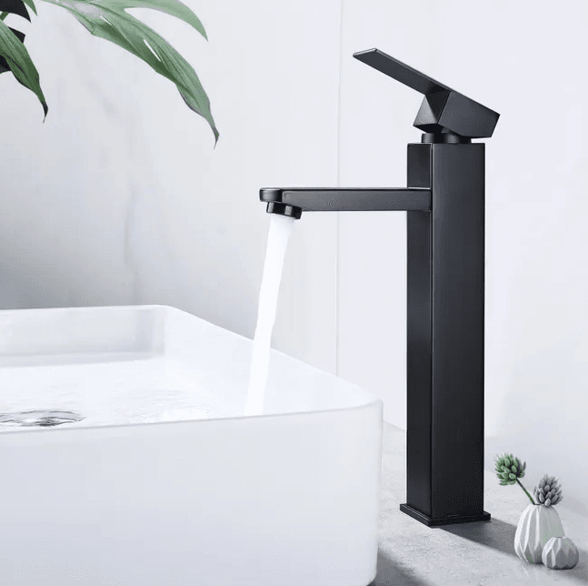 Bathroom Mixer Tap, Black High Spout Basin Faucet With Square Handle, Stainless Steel Countertop Basin Tap