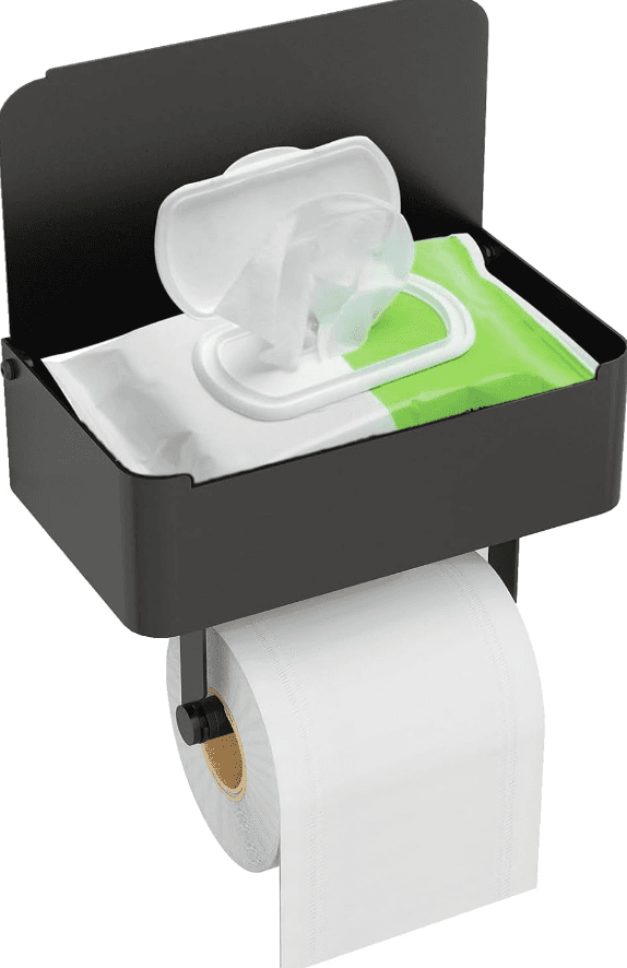 Toilet Paper Holder With Shelf, Matte Black SUS304 Stainless Steel Wall Mount Organizer, Flushable Wipes Dispenser For Bathroom Storage