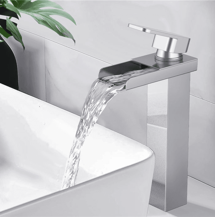 Sink Faucet, Chrome-Plated High Spout Waterfall Style Basin Faucet, Modern Designer Stainless Steel Body Tap
