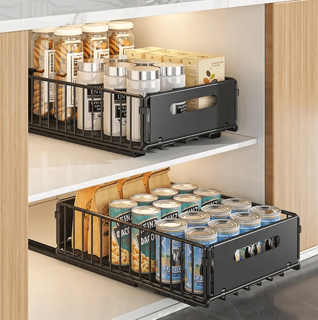 Sliding Storage Basket, 2-Pack Cabinet Drawer Shelf Organizer, Kitchen Cupboard Storage, 37.5x24.5x19cm